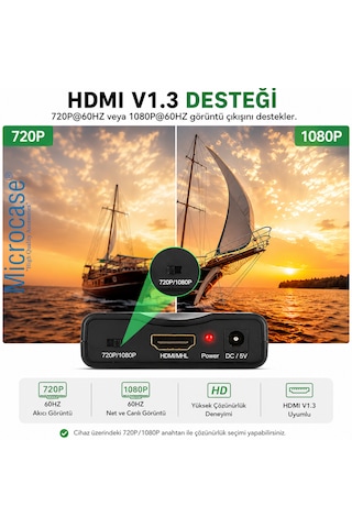 Microcase Scart To Hdmı Dönüştürücü 1080p Adaptör Güç Adaptörlü Hdmı Çevirici Al5746 Siyah