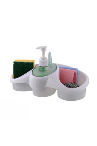 Sıvı Deterjan Hazneli Sabunluk Organizer 250 Ml Süngerlik Bulaşık Teli Ve Bez Hazneli Çok Amaçlı Sabunluk Beyaz