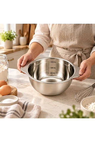 Paslanmaz Çelik 1500 Ml Ölçülü Kap 23 Cm, İç Ölçek Çizgili 1,5 Litre Karıştırma Ve Hazırlık Kabı, Çift Yan Tutamaçlı Mutfak Ölçü Kabı Çok Renkli