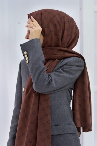Vissona Lüks Medine İpeği Monogram Desenli Taba Renkli 75x195 Kırışmaz Şal Moss Krep Dikiş Tipi İtalyan Dikişli Çok Renkli