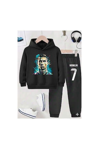 Stil X Ronaldo Baskılı Erkek Çocuk Eşofman Takımı, 3 İplik Şardonlu Kumaş Siyah-1
