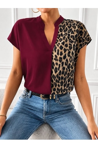 Mareandpanda Kadın Kısa Kollu V Hakim Yakalı Leopar Desenli Sandy Bluza bordo