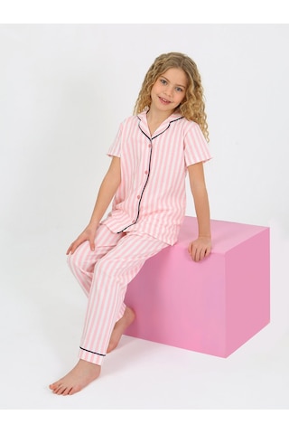 Kız Çocuk Kısa Kollu Düğmeli %100 Pamuklu Pijama Takımı Pinky Pembe