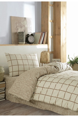 Cozy Home Tek Kişilik Lastikli Çarşaflı Nevresim Takımı Kare Krem