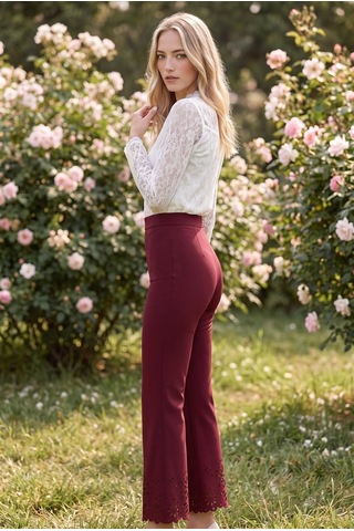 Soulshae Lazer Kesim Detaylı Yüksek Bel Krep Pantolon Bordo