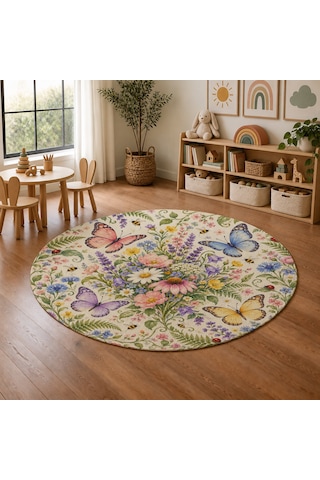 Kartela Halı Kelebek Bahçesi Yuvarlak Çocuk Oyun Halısı Kaymaz Dot Taban Yıkanabilir 120 Cm Çap