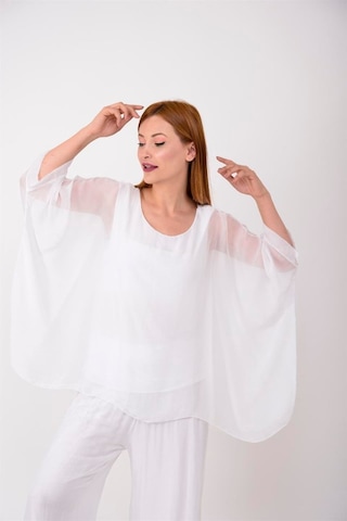 Bohem Stil İtalyan Yarasa Kol İpek Bluz & Pantolon Takım-8767 Beyaz