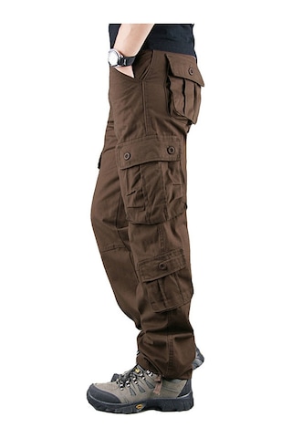 Aşınmaya Dayanıklı Çok Cepli Düz Bol Büyük Beden İş Pantolonu Kahve