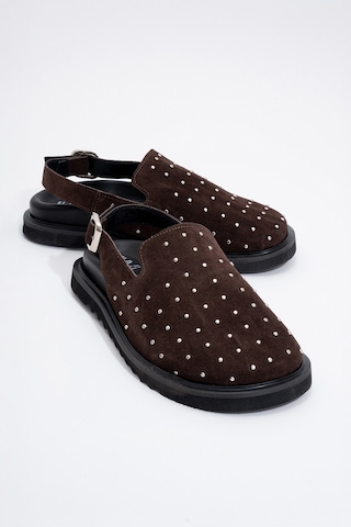 Luvishoes Our Kahverengi Hakiki Deri Süet Zımbalı Burnu Kapalı Kadın Sandalet Kahverengi