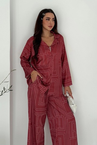 Geometrik Desen Modal Saten Takım Kırmızı Kırmızı