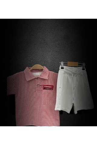 Lolliboomkids Yeni Sezon Kımızı Çizgili Polo Yaka Tshirt Ekru Bermuda Şort Takım 2'li Set Beyaz - Kırmızı