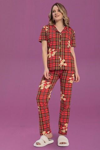 Kadın Düğmeli Desenli Pijama Takımı Kırmızı 1974 Waynap Kırmızı