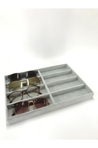 Süet kumaş kaplama 8 bölmeli gözlük standı-kutusu Gri