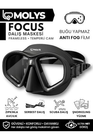 Molys Focus Dalış Maskesi + Antı Fog Buğu Önleyici Film + Katlanabilir Şnorkel + Maske Kutusu Siyah