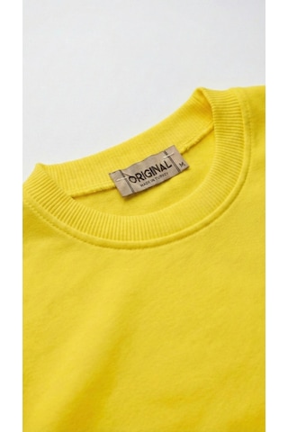 Unisex Düz Renk Bisiklet Yaka Basic Tişört Sari