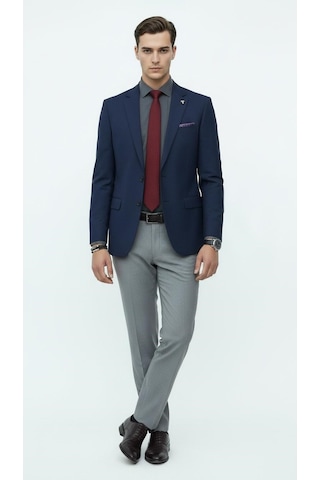 Plus Scorpion Erkek Kendinden Örmeli Çift Düğmeli Blazer Ceket Tek Yırtmaçlı, Modern Klasik Kesim Lacivert
