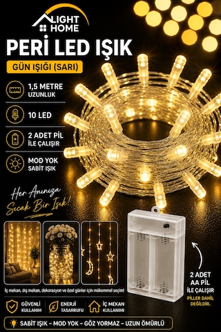 Kablolu Led Işık Zinciri Gün Işığı Dekoratif Led Aydınlatma Oda Duvar Yatak Odası Parti Yılbaşı Süsü 1,5 Metre 10 Led Sarı