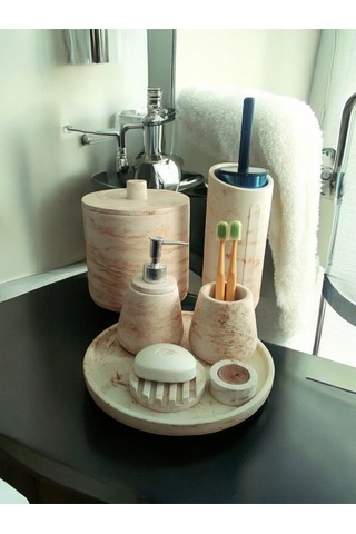 Mermer Desen Bej Beton Banyo Seti,tuvalet Fırçası,çöp Kovası,katı,sıvı Sabunluk,sunum Tepsi,mumluk. Bej