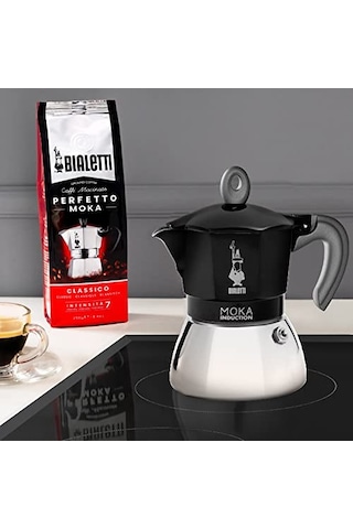 Moka İndüksiyon Siyah: 6 Cups Ocak Üstü Espresso Pişirici - 280ml - Alt Hazne: Dış Paslanmaz Çelik İç Alüminy