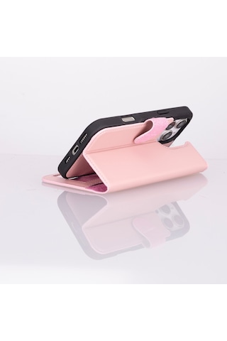 Apple Uyumlu iPhone 16 Pro , Hakiki Deri, El Yapımı, Cüzdanlı Kılıf, Toz Pembe Siyah