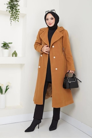 Kadın Polar Kaşe Uzun Kaban / M0107 - Camel Kahverengi