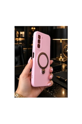 İnfinix Hot 70 4g İle Uyumlu 360 Derece Dönebilen Kalın Metal Magsafe Halka Stantlı İçi Kadife Korumalı Ultra Lüx Premium Silikon Kılıf Pembe