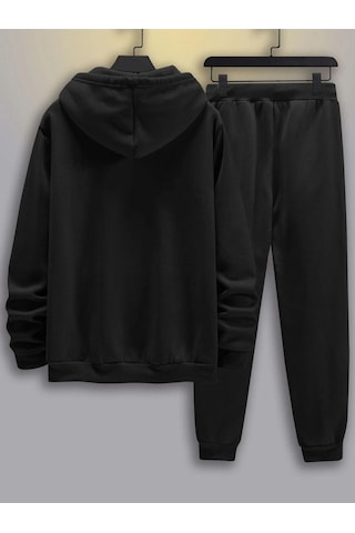 Paris Çizgili Eşofman Takımı Sweatshirt Jogger - Siyah Baskılı Oversize Şardonlu Kapüşonlu Siyah