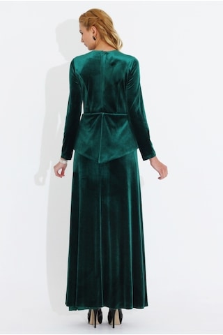 Nidya Moda Büyük Beden Kadife Peplumlu Elbise-4044Y Yeşil