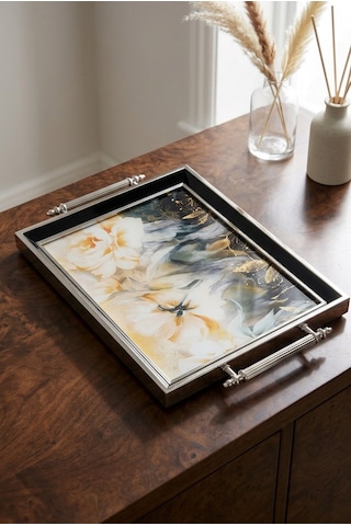 Kulplu Lüks Cam Sunum Tepsisi 008 Nolu Siyah Gümüş Tepsi 50x31x4 Cm Çok Renkli