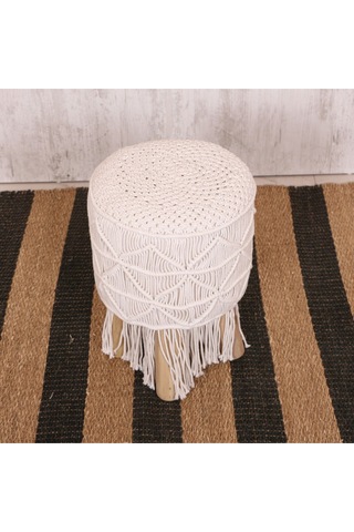 Makrome Tabure Puf & Stools - Doğal Teak Gövde 33x48 Cm Beyaz
