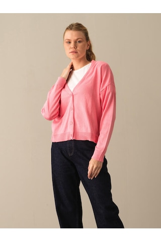 Xint Pembe Slim Fit Açık V Yaka Pamuk Hırka 850832