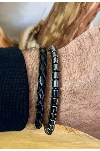 %100 Deri&hematit Kombin Erkek Bileklik Net 23cm Türk El Üretimi Siyah - Gri