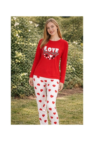 Rindahomewear Kadın Süprem Uzun Kol Pijama Takımı Kırmızı