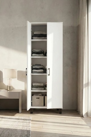 Reyo Falez Mutfak Dolabı Çok Amaçlı, 160cm Kiler Dolabı, 2 Kapaklı 5 Raflı Banyo Dolabı, Beyaz - 251