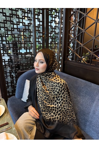 Miorel Scarfs Leopar Desen Vual İpek Şal Fular Silk Scarfs Shawl Hijab Siyah