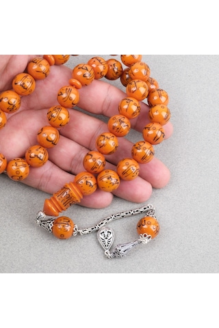 Sıkma Kehribar Allah Cc 99 İsmi Yazılı 925ayar Gümüş Püsküllü Küre Kesim 14mm Tesbih Turuncu