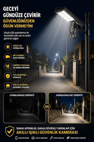 Solar Panelli 20.000 Mah Bataryalı 6mp Full Hd Hareket Sensörlü Sokak Aydınlatmalı Projektör Güvenlik Kamerası