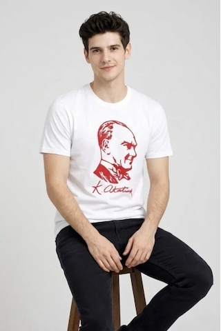 De'charme Erkek Atatürk Baskılı Tişört Kısa Kollu Bisiklet Yaka T-shirt - Beyaz