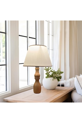 Glad Masif Ahşap Ayaklı Zarif Abajur Konik Krem Başlıklı Masa Lambası Komodin Abajur Krem