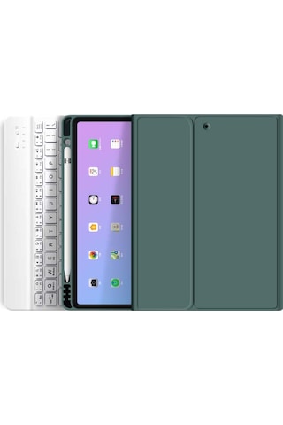 Apple Uyumlu iPad Pro 4. Nesil M2 2022 11 Inç Bluetooth Klavyeli Kılıf Kalem Bölmeli Türkçe Klavye Koyu Yeşil