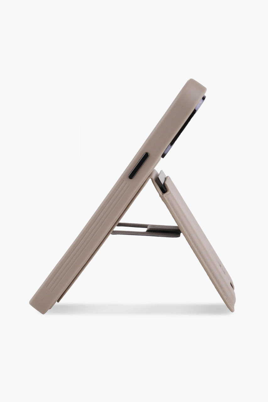 Standlı Iphone 15 Krem Deri Telefon Kılıfı Krem