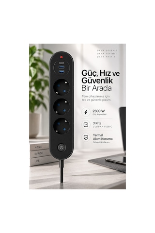 Robeve Blic Termal Akım Korumalı 3 Lü Priz 2500w 1 Usb-c + 2 Usb-a Hızlı Şarj Girişli Çoklu Priz Aşırı Akım, Isınma Ve Kısa Devre Korumalı Aç/kapa Anahtarlı Siyah Uzatma Prizi Grup Priz Diğer