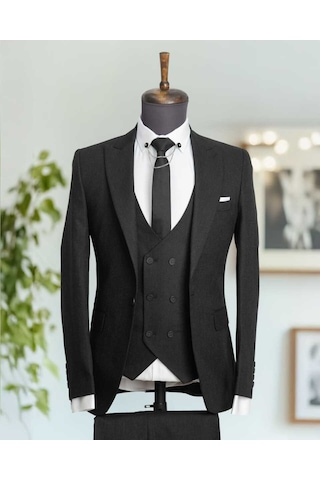 Beystil Sivri Yaka Siyah Takım Elbise Bezayak - Slim Fit Siyah