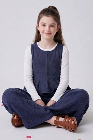 Angel&co. Girls Clothing Kız Çocuk Müslin Bluz Pantolon 2'li Takım Lacivert Lacivert