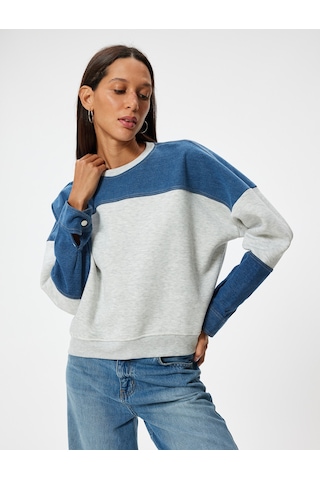 Koton Oversize Sweatshirt Renk Bloklu Bisiklet Yaka Fermuar Detaylı Şardonlu Kar Melanj 5wal10040ık Gri Melanj