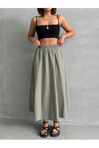 Kadın Beli Lastikli Dokuma Kloş Etek Haki
