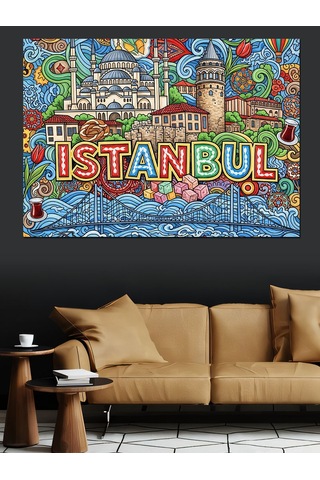 Ahşap Tablo Renkli İstanbul Yazılı Şehir Kolajı