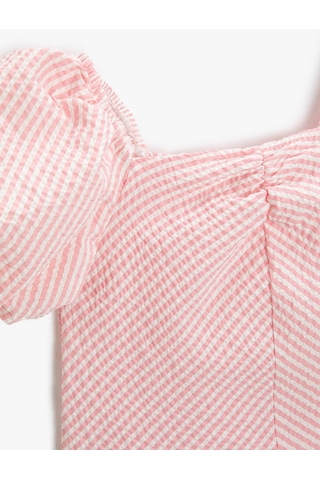 Koton Crop Bluz Kısa Balon Kollu Kare Yaka Astarlı Pembe Çizgili 3skg60013aw 3SKG60013AW05M Pembe