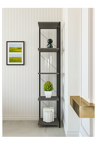Alpa Ev Mobilya 5 Katlı Kare Raflı Metal Köşe Raf, Dekoratif Kitaplık Ve Modern Saksılık Antrasit