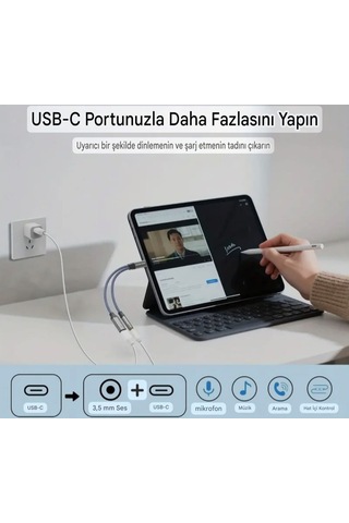 Sunkandı 2'si 1 Arada Type-c To 3.5mm+60w Hızlı Şarj Ve Kulaklık Çevirici Dac Çip+hi-fi Ses Teknolojisi Ce Lisanslı Sertifikalı Hasır Örgülü Sağlam Kablo Gri